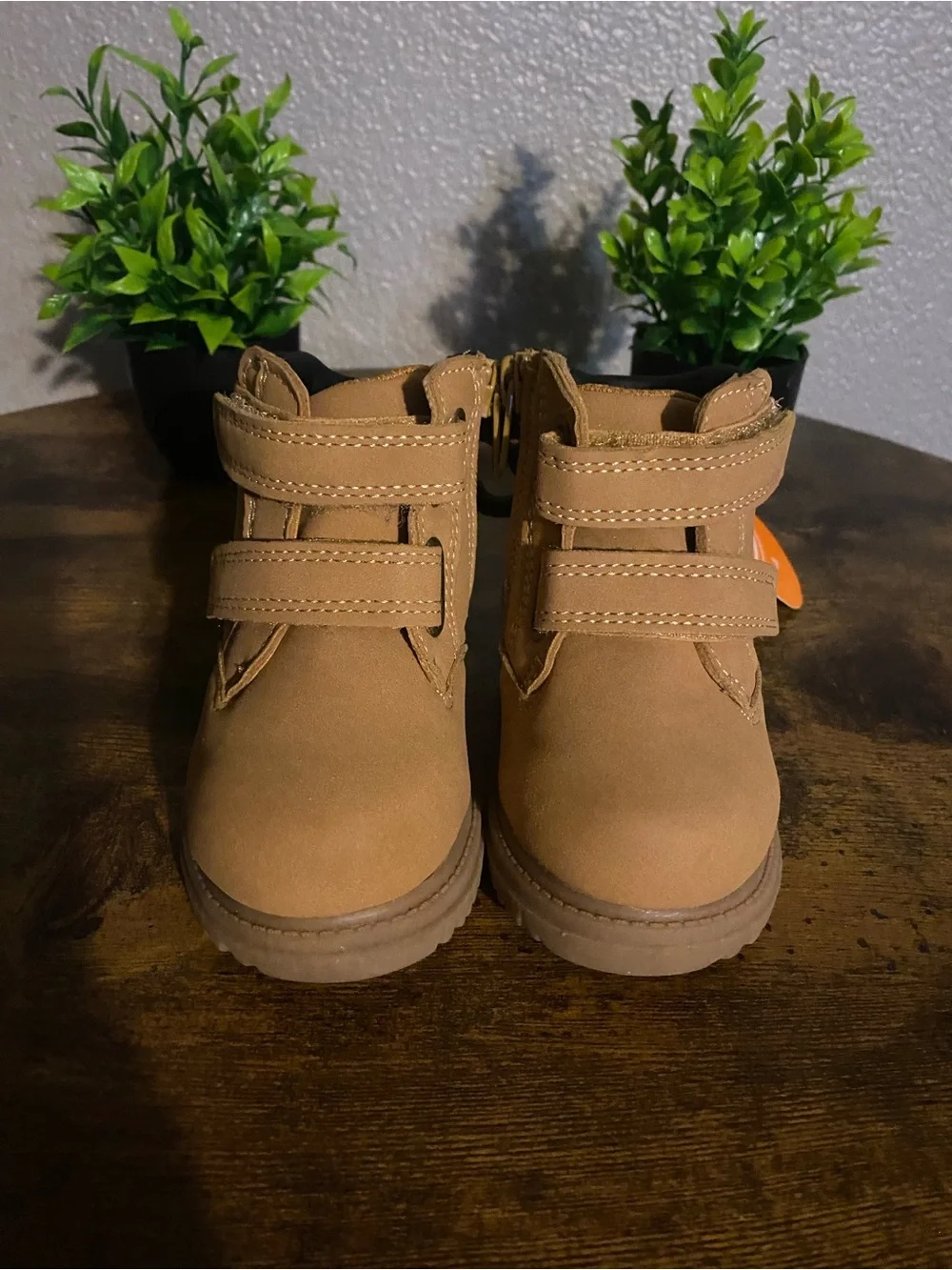 Tan Kids Hook-and-Loop Boots with Black Collar